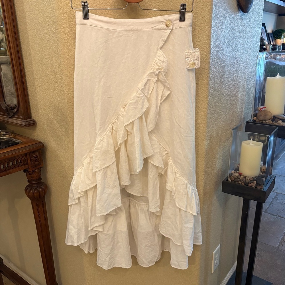 NWT~FREE PEOPLE Women White Linen Blend Vacation Ruffle Wrap Skirt Size XS
